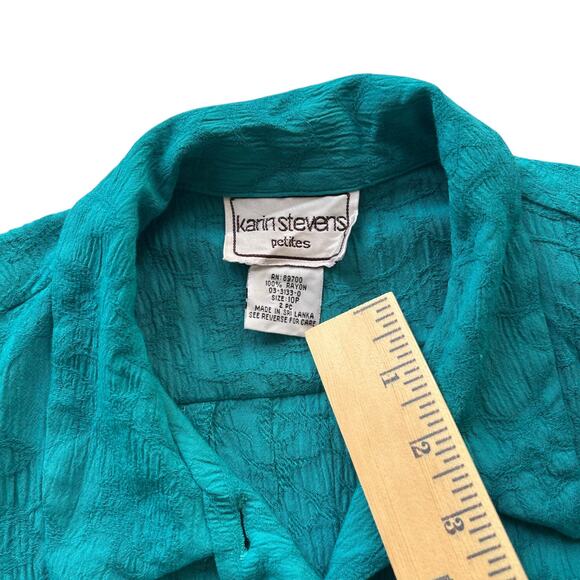 Karin Stevens Petites Textured Button Blouse Teal Blue Rayon Long Sleeve 90s - Picture 3 of 5